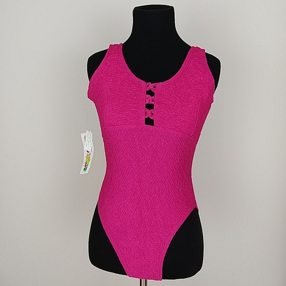 Vintage 80s NWT Hot Pink One Piece Swimsuit - Picture 2 of 8